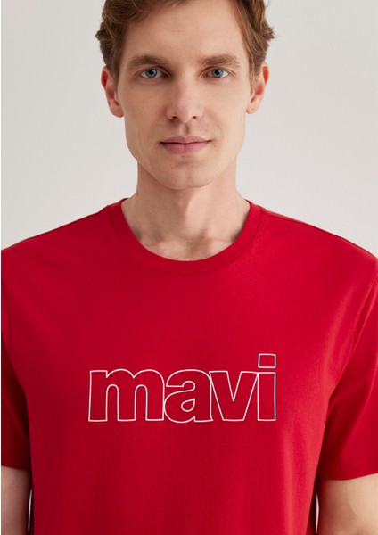 Mavi Logo Baskılı Kırmızı Tişört 065781-34535