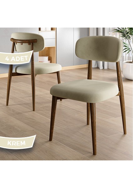 Laos Serisi 4 Adet Krem Mutfak Sandalyesi Ahşap Kaplama 1. Sınıf Babyface Kumaş