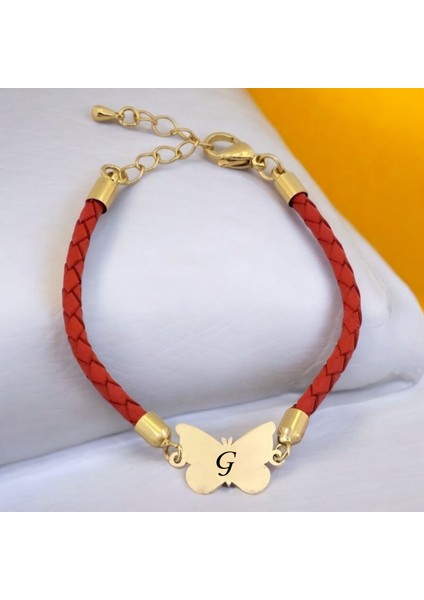 G Harfine Özel Kelebek Motifli 14 Ayar Altın Plakalı Turuncu Derili Hediye Bileklik-502 Harf fiyatları