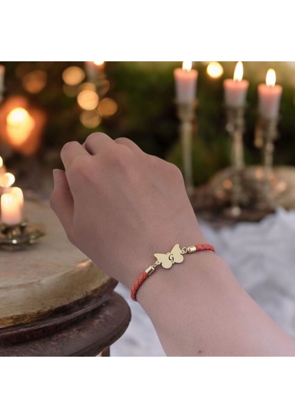 G Harfine Özel Kelebek Motifli 14 Ayar Altın Plakalı Turuncu Derili Hediye Bileklik-502 Harf fırsatları