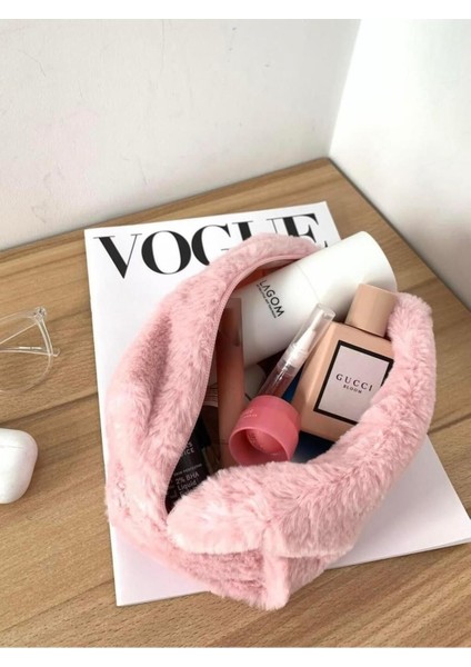 Pembe Tüylü Suni Kürk Makyaj Çantası, Şık ve Kullanışlı Tasarım fiyatları
