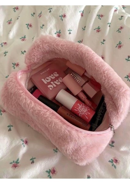 Pembe Tüylü Suni Kürk Makyaj Çantası, Şık ve Kullanışlı Tasarım modelleri