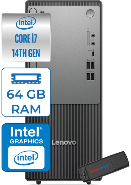 Thinkcentre Neo 50T Gen5 Intel Core I7 14700 64GB Ddr5 4tb SSD Windows 11 Pro Intel UHD 770 Masaüstü Bilgisayar 12UAS0GL00P25 + Zetta Flash Bellek