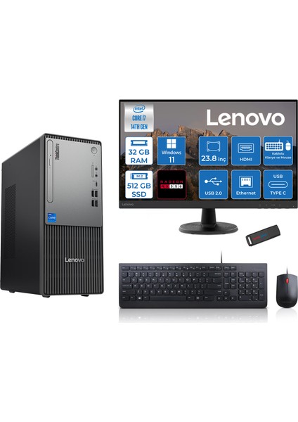 Thinkcentre Neo 50T Gen5 Intel Core I7 14700 32GB Ddr5 512GB SSD 23.8 Inç Monitör Windows 11 Pro Radeon RX550 4gb Masaüstü Bilgisayar 5502412UAS0GL00P12 + Zetta Flash Bellek