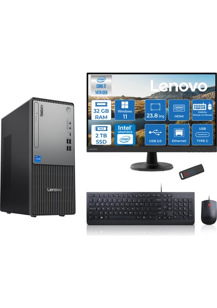 Thinkcentre Neo 50T Gen5 Intel Core I7 14700 32GB Ddr5 2tb SSD 23.8 Inç Monitör Windows 11 Pro Intel UHD 770 Masaüstü Bilgisayar 2412UAS0GL00P14 + Zetta Flash Bellek