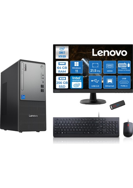 Thinkcentre Neo 50T Gen5 Intel Core I7 14700 64GB Ddr5 256GB SSD 21.5 Inç Monitör Windows 11 Pro Intel UHD 770 Masaüstü Bilgisayar 2112UAS0GL00P21 + Zetta Flash Bellek