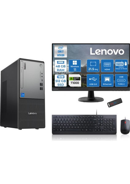 Thinkcentre Neo 50T Gen5 Intel Core I7 14700 48GB Ddr5 512GB SSD 21.5 Inç Monitör Windows 11 Pro Quadro T1000 4gb Masaüstü Bilgisayar 10002112UAS0GL00P17 + Zetta Flash Bellek