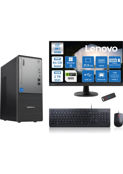 Thinkcentre Neo 50T Gen5 Intel Core I7 14700 64GB Ddr5 2tb SSD 21.5 Inç Monitör Windows 11 Pro Nvidia GTX1650 4gb Masaüstü Bilgisayar 16502112UAS0GL00P24 + Zetta Flash Bellek