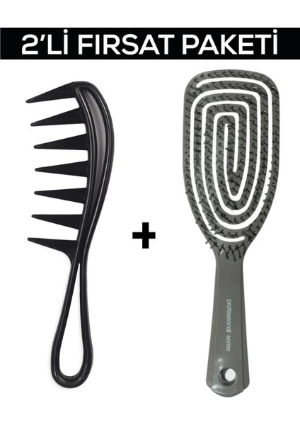 Karbon Tarak 043 + Pro 3 Boyutlu Açma Tarama Tarak Saç Fırçası 2'li Set