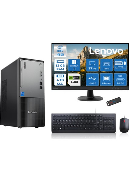 Thinkcentre Neo 50T Gen5 Intel Core I7 14700 32GB Ddr5 4tb SSD 27 Inç Monitör Windows 11 Pro Quadro T400 4gb Masaüstü Bilgisayar 4002712UAS0GL00P15 + Zetta Flash Bellek