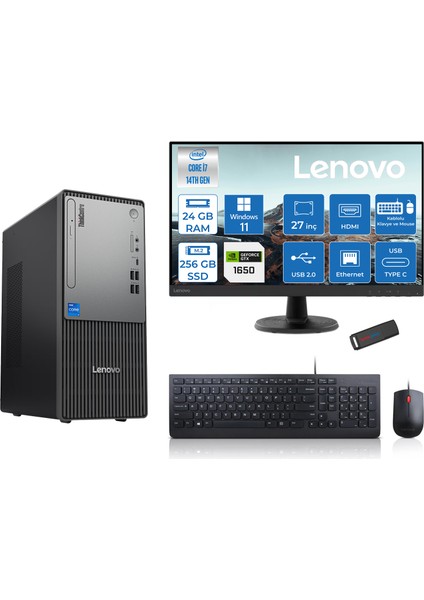 Thinkcentre Neo 50T Gen5 Intel Core I7 14700 24GB Ddr5 256GB SSD 27 Inç Monitör Windows 11 Pro Nvidia GTX1650 4gb Masaüstü Bilgisayar 16502712UAS0GL00P06 + Zetta Flash Bellek
