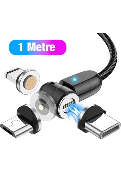 Ally 540 Dönebilen Miknatisli USB Sarj Kablosu 3 Baslik(Iphone+Type-C+Micro 1 Metre - EMY2758-9894