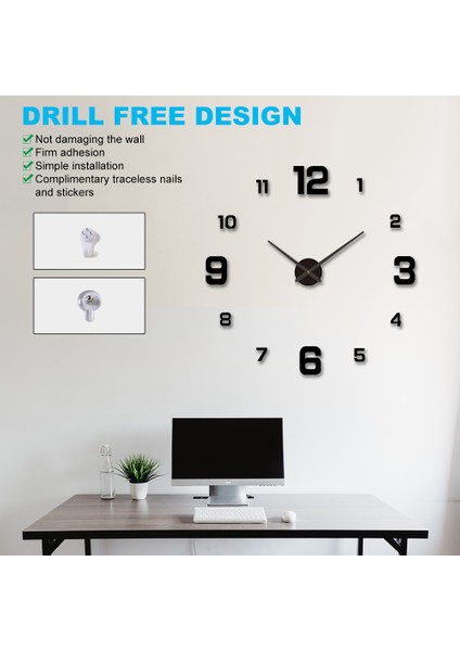 3D Kendin Yap Aydınlık Kadran Matkapsız Akrilik Çerçevesiz Sessiz Duvar Saati Sayı Etiketleri ile Oturma Odası Ofis Yatak Odası Modern Ev Dekorasyonu Siyah 80-130CM (Yurt Dışından)