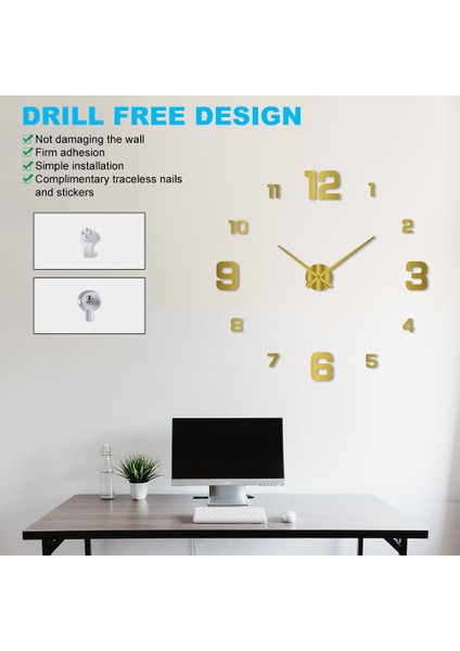 3D Kendin Yap Aydınlık Kadran Matkapsız Akrilik Çerçevesiz Sessiz Duvar Saati Sayı Etiketleri ile Oturma Odası Ofis Yatak Odası Modern Ev Dekorasyonu Altın 80-130CM (Yurt Dışından)