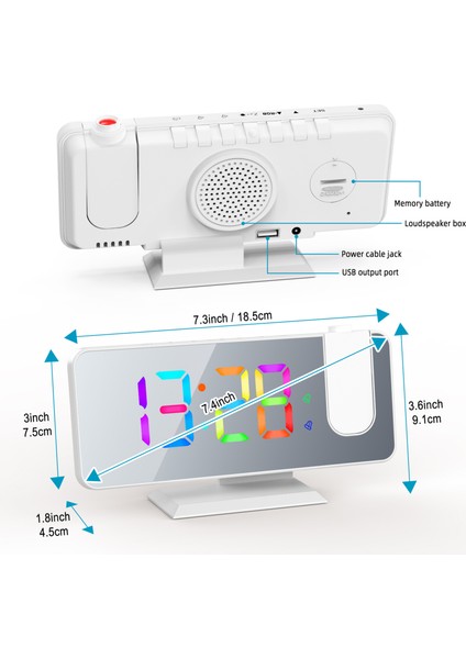 Dijital 180° Projeksiyonlu Çalar Saat Dinamik Rgb Işık Parlaklığı Ayarlanabilir Erteleme Çift Alarm Ayarı Usb Şarj Portu Yatak Odası Için Aynalı Saat 12h/24h (Yurt Dışından) modelleri