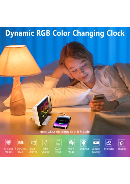 Dijital 180° Projeksiyonlu Çalar Saat Dinamik Rgb Işık Parlaklığı Ayarlanabilir Erteleme Çift Alarm Ayarı Usb Şarj Portu Yatak Odası Için Aynalı Saat 12h/24h (Yurt Dışından) fırsatları