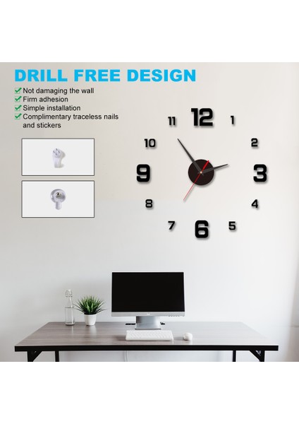3D Kendin Yap Aydınlık Kadran Matkapsız Akrilik Çerçevesiz Sessiz Duvar Saati Sayı Etiketleri ile Oturma Odası Ofis Yatak Odası Modern Ev Dekorasyonu Siyah 40CM (Yurt Dışından) fırsatları