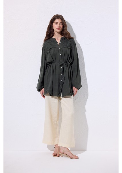 Müslin Işlemeli Gömlek Koyu Yeşil