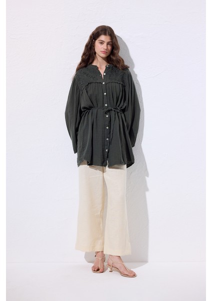 Müslin Işlemeli Gömlek Koyu Yeşil modelleri