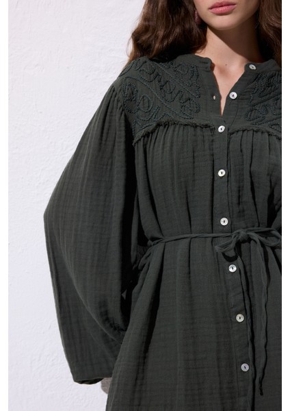 Müslin Işlemeli Gömlek Koyu Yeşil indirimleri