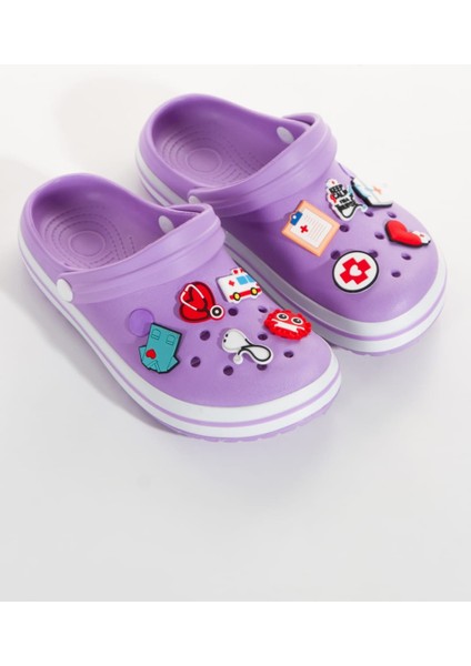 Samesa Mor Düz Aksesuarlı Clogs Sabo Doktor Hemşire Hastane Eva Yazlık Plaj - Günlük Terlik