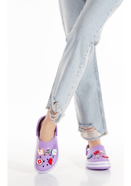 Samesa Mor Düz Aksesuarlı Clogs Sabo Doktor Hemşire Hastane Eva Yazlık Plaj - Günlük Terlik fiyatları