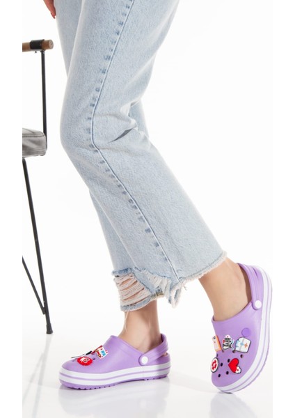 Samesa Mor Düz Aksesuarlı Clogs Sabo Doktor Hemşire Hastane Eva Yazlık Plaj - Günlük Terlik modelleri