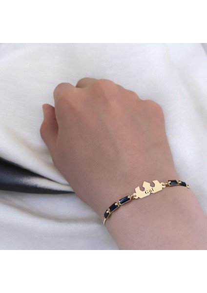 Gül İsmine Özel 14 Ayar Altın Plakalı Siyah Taş Desenli Taç Motifli Hediye Bileklik-510 İsim