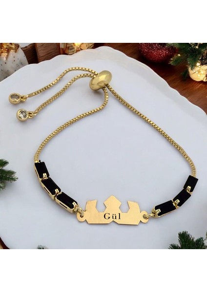 Gül İsmine Özel 14 Ayar Altın Plakalı Siyah Taş Desenli Taç Motifli Hediye Bileklik-510 İsim fiyatları