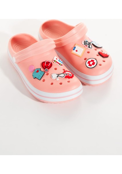 Samesa Pembe Düz Aksesuarlı Clogs Sabo Doktor Hemşire Hastane Eva Yazlık Plaj - Günlük Terlik