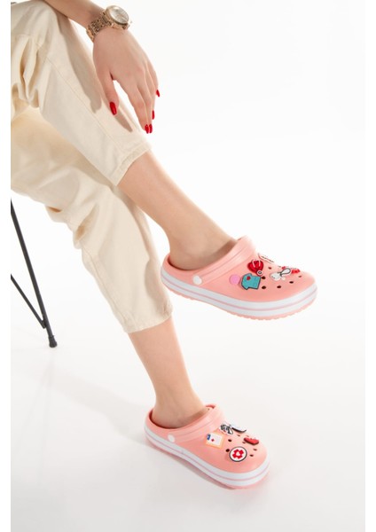 Samesa Pembe Düz Aksesuarlı Clogs Sabo Doktor Hemşire Hastane Eva Yazlık Plaj - Günlük Terlik modelleri