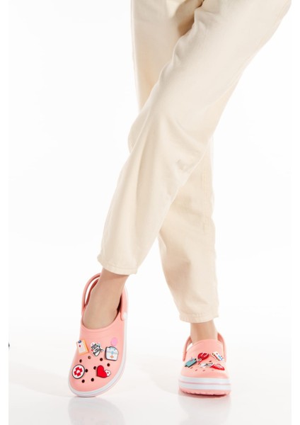 Samesa Pembe Düz Aksesuarlı Clogs Sabo Doktor Hemşire Hastane Eva Yazlık Plaj - Günlük Terlik fırsatları