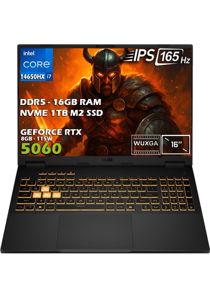 TUF Gaming F16 FX608JMR-RV024-GAMING Intel Core i7 14650HX 16GB 1TB SSD RTX5060 8GB 115W 16" WUXGA 165Hz IPS Panel Freedos Taşınabilir Bilgisayar