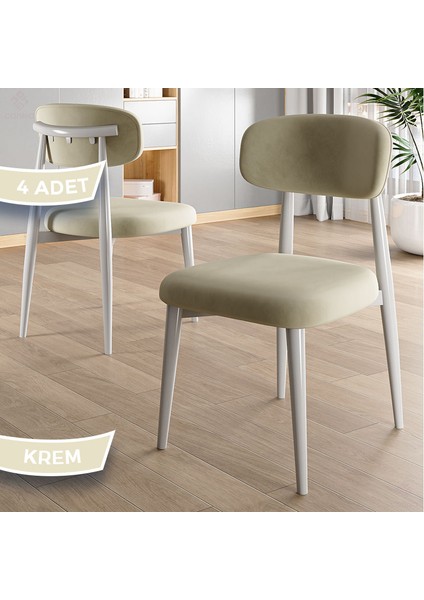 Laos Serisi 4 Adet Krem Mutfak Sandalyesi Beyaz Metal Iskeletli 1. Sınıf Babyface Kumaş
