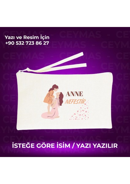 Kişiye Özel Nefes Alan Keten Makyaj Çantası, Beyaz Renk