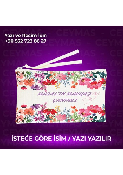 Çiçek Desenli Keten Makyaj Çantası, Beyaz, Özel Tasarım