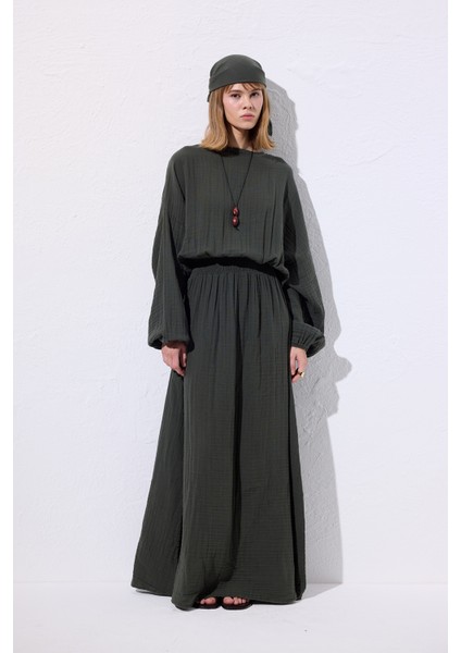 Müslin Beli Büzgülü Elbise Koyu Yeşil fiyatları