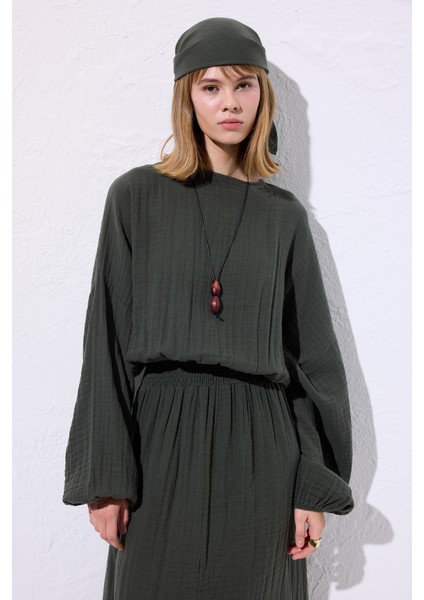 Müslin Beli Büzgülü Elbise Koyu Yeşil modelleri