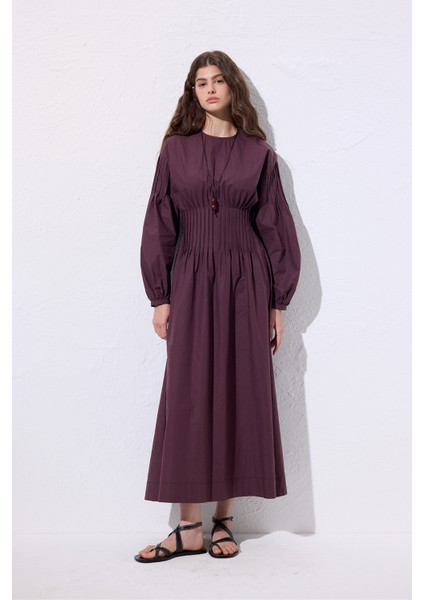 Beli Pile Detaylı Elbise Mürdüm