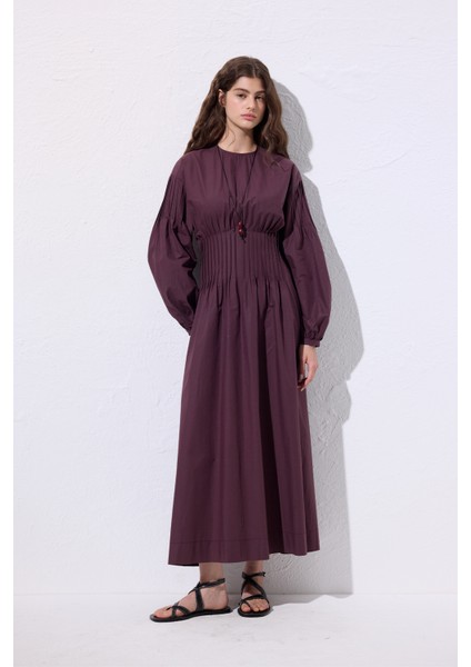 Beli Pile Detaylı Elbise Mürdüm modelleri