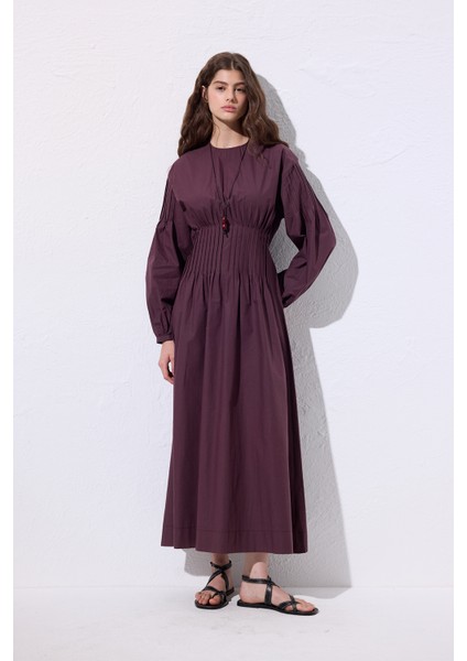 Beli Pile Detaylı Elbise Mürdüm fırsatları