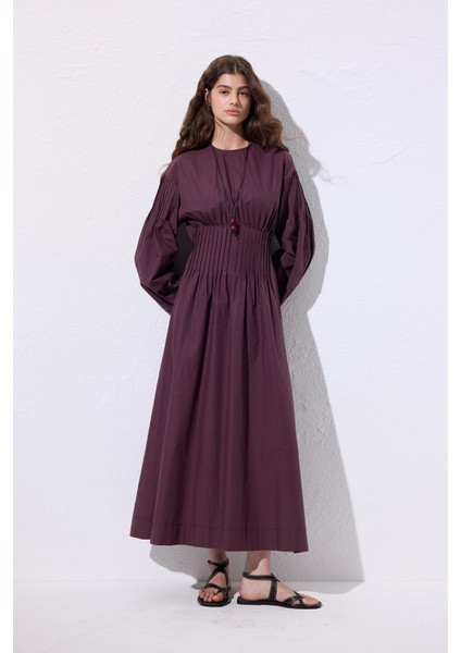 Beli Pile Detaylı Elbise Mürdüm indirimleri