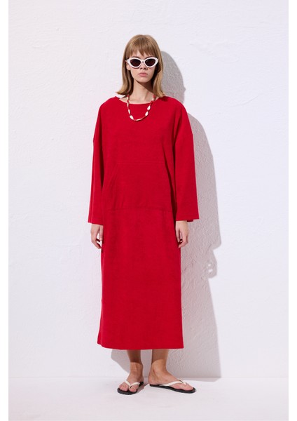 Havlu Kumaş Rahat Elbise Kırmızı