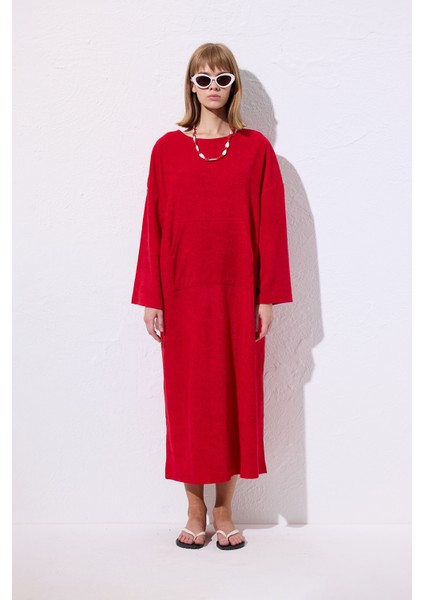 Havlu Kumaş Rahat Elbise Kırmızı fırsatları