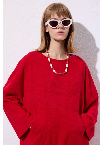 Havlu Kumaş Rahat Elbise Kırmızı indirimleri