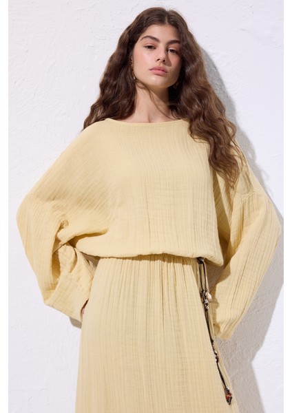 Müslin Beli Büzgülü Elbise Sarı fiyatları