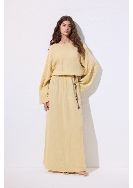 Müslin Beli Büzgülü Elbise Sarı modelleri