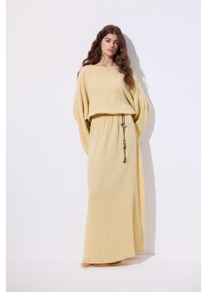 Müslin Beli Büzgülü Elbise Sarı fırsatları