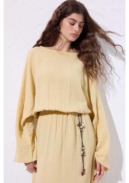 Müslin Beli Büzgülü Elbise Sarı indirimleri