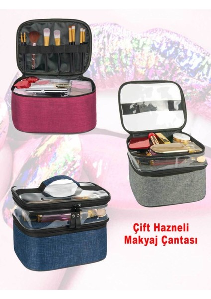 Gri Kadın Makyaj ve Seyahat Çantası, Şık ve Kullanışlı Tasarım